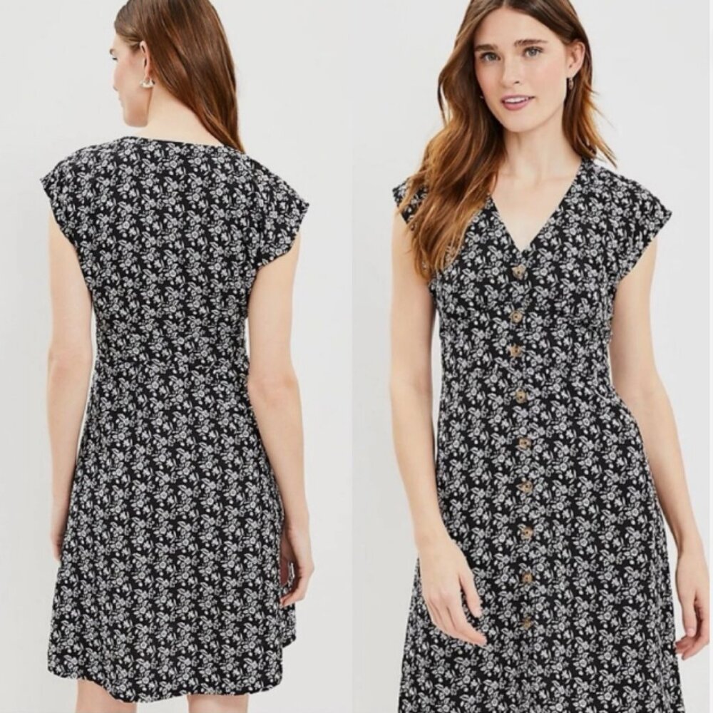 LOFT Bloom Button Floral V-Neck Black White Linen Blend Mini Shift Dress MI3